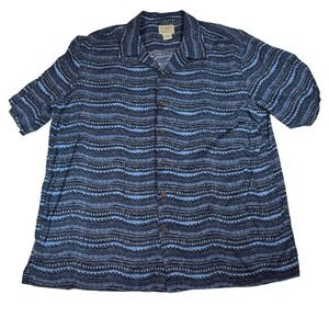 LL Bean Mens Large Blue Tribal Wave Print Short Sleeve Cotton Camp Shirt 300229